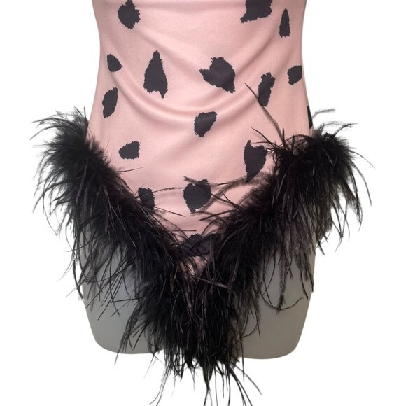 Miscreants Leo Bodysuit Pink Black Feather Trim UK 6 / US 2 NWT - Picture 3 of 8